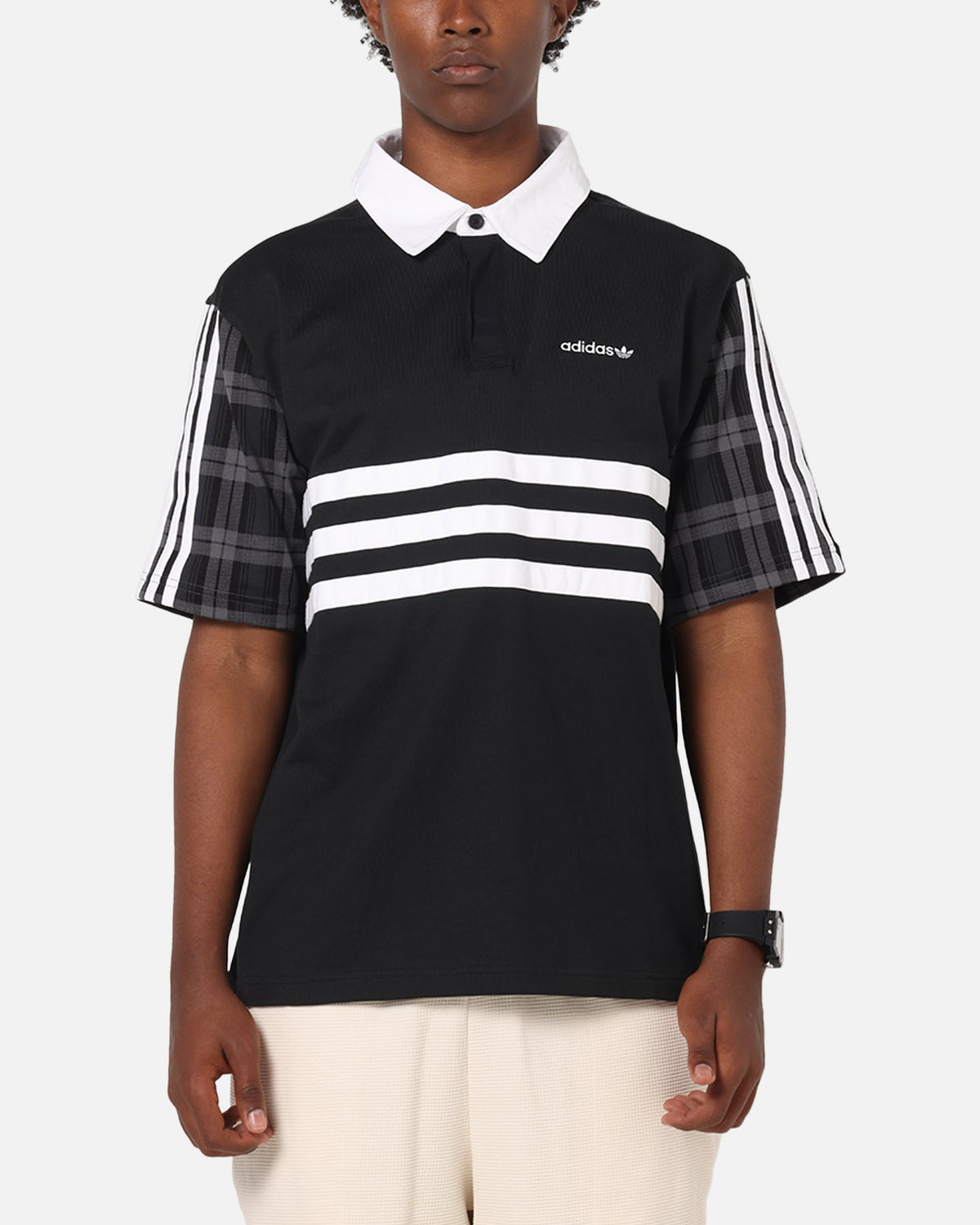 Adidas Tartan Regular Rugby Polo T-Shirt Black